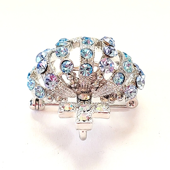 CROWN BROOCH PENDANT - VINTAGE BLUE RHINESTONES - Picture 2 of 8